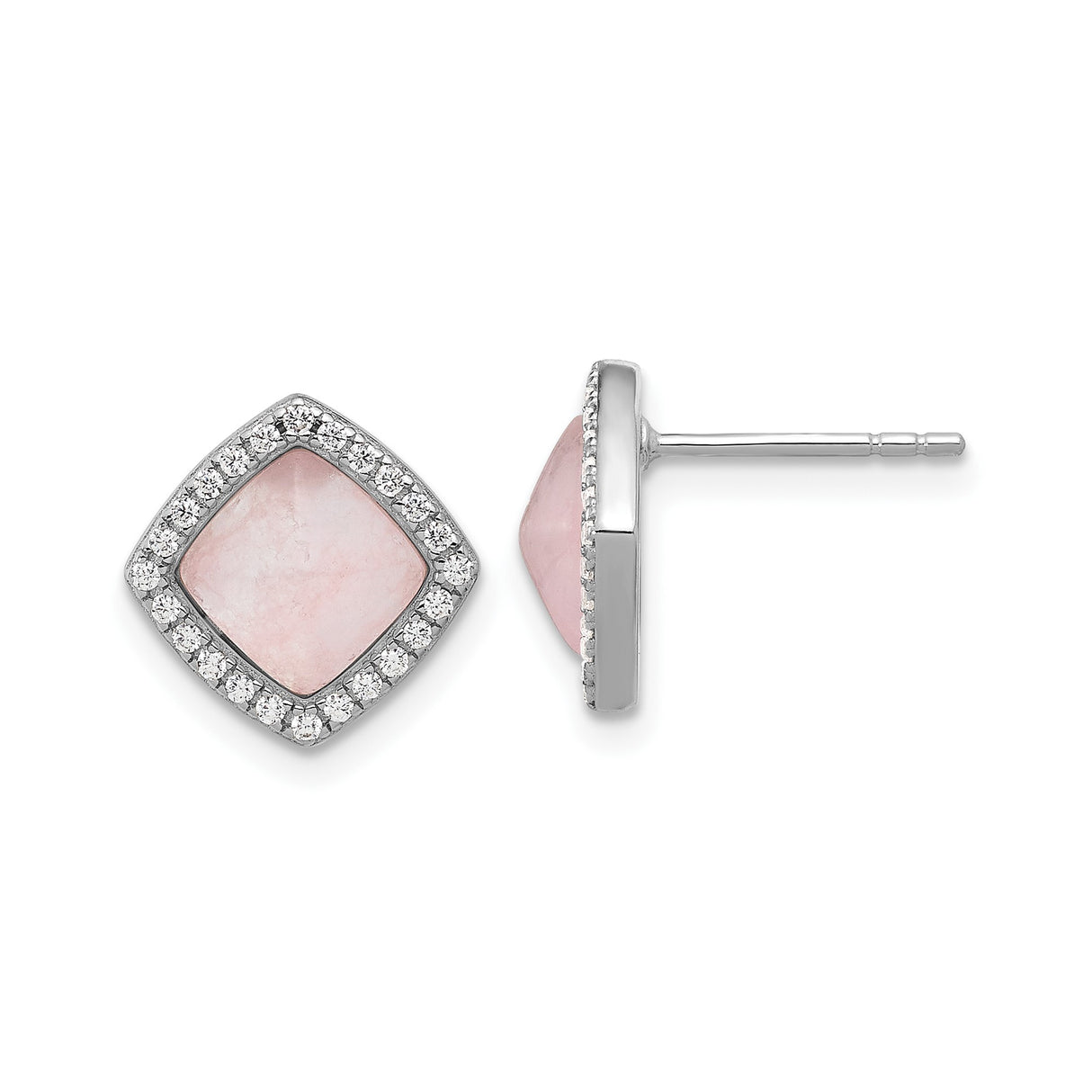 Sterling Silver Stud Earrings with Cushion Cut Pink Quartz and Cubic Zirconia Halo