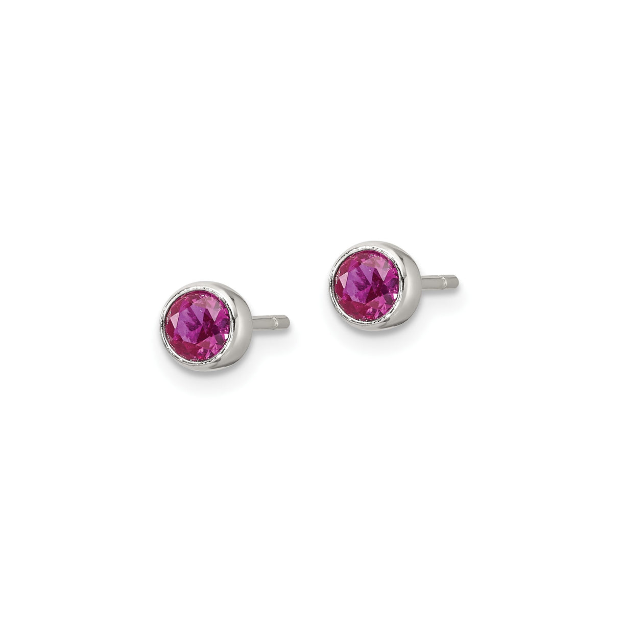 Sterling Silver Stud Earrings with Round Pink Cubic Zirconia in Bezel Setting
