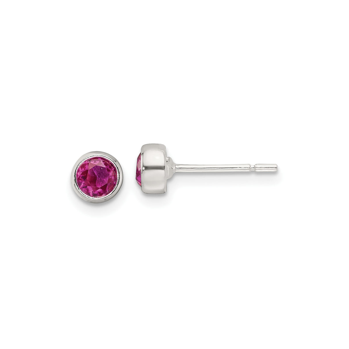 Sterling Silver Stud Earrings with Round Pink Cubic Zirconia in Bezel Setting