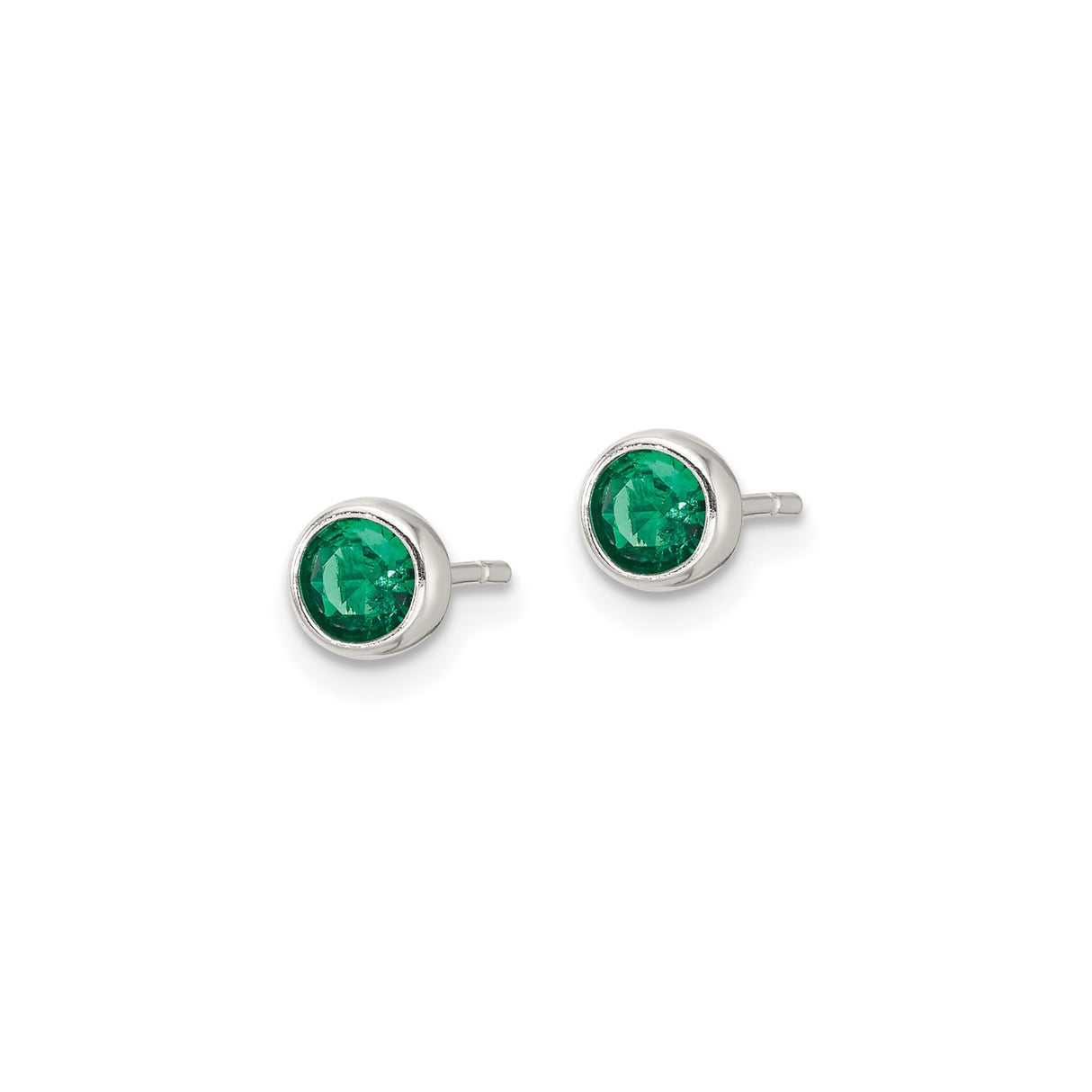Sterling Silver Stud Earrings with Round Green Glass Gemstone, Bezel Setting, Minimalist Design