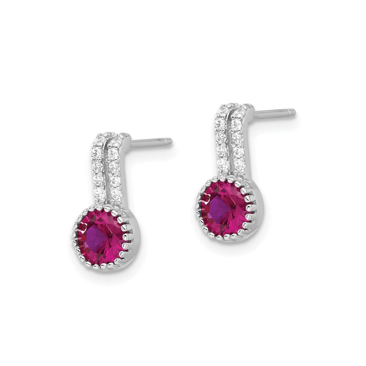 Sterling Silver Stud Earrings with Round Pink Cubic Zirconia and Vertical Clear CZ Accents
