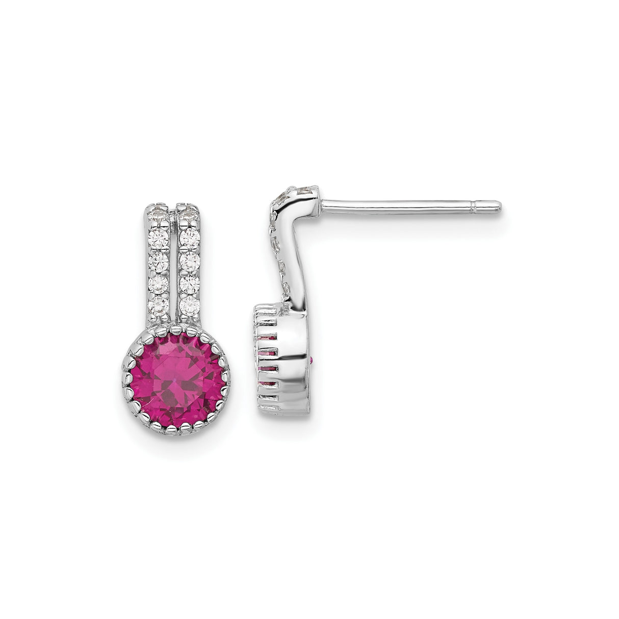 Sterling Silver Stud Earrings with Round Pink Cubic Zirconia and Vertical Clear CZ Accents