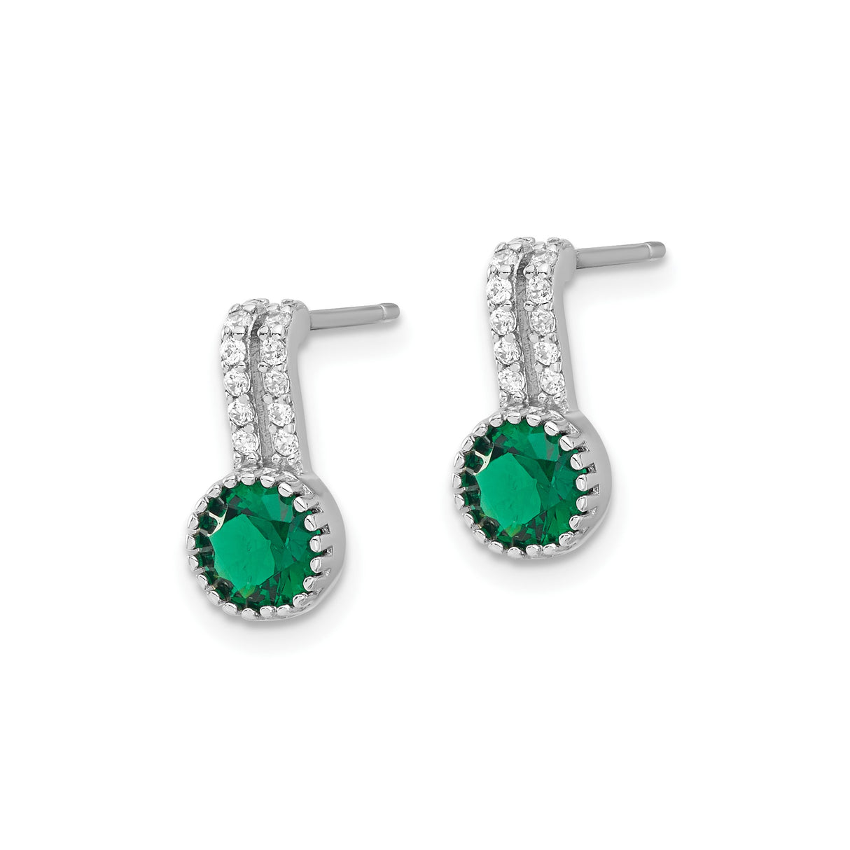 Sterling Silver Stud Earrings with Round Green Gemstone and Cubic Zirconia Halo