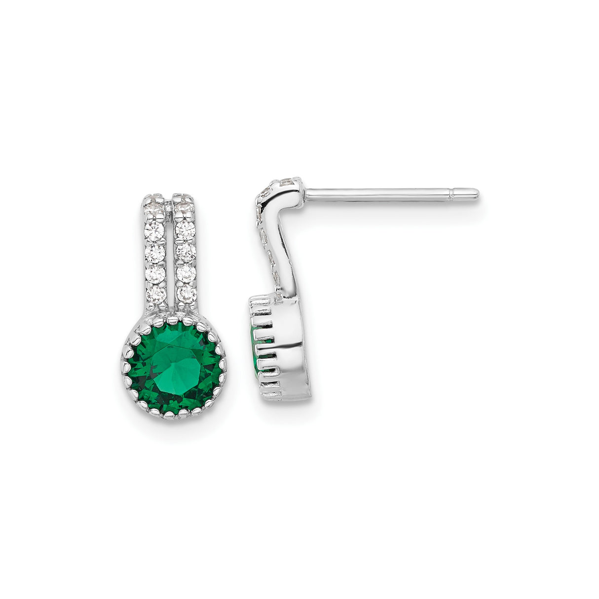 Sterling Silver Stud Earrings with Round Green Gemstone and Cubic Zirconia Halo