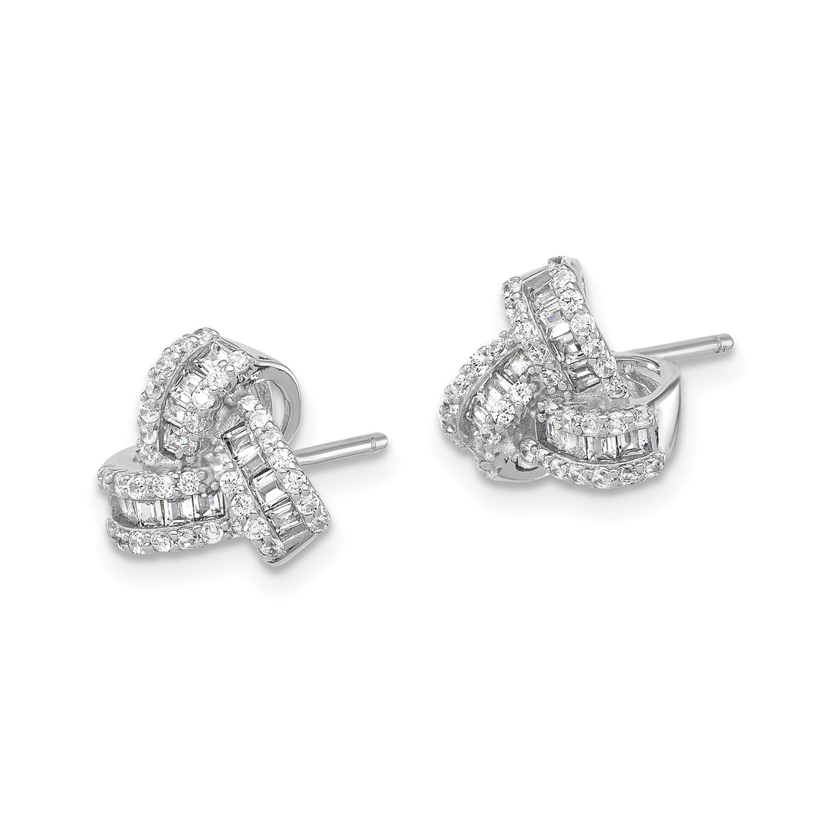 Sterling Silver Knot Stud Earrings with Round and Baguette Cubic Zirconia Accents