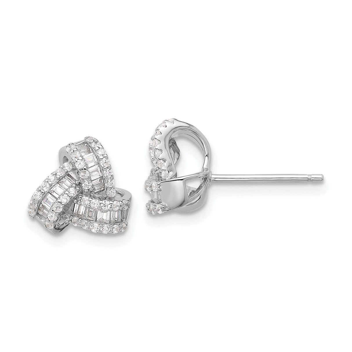 Sterling Silver Knot Stud Earrings with Round and Baguette Cubic Zirconia Accents