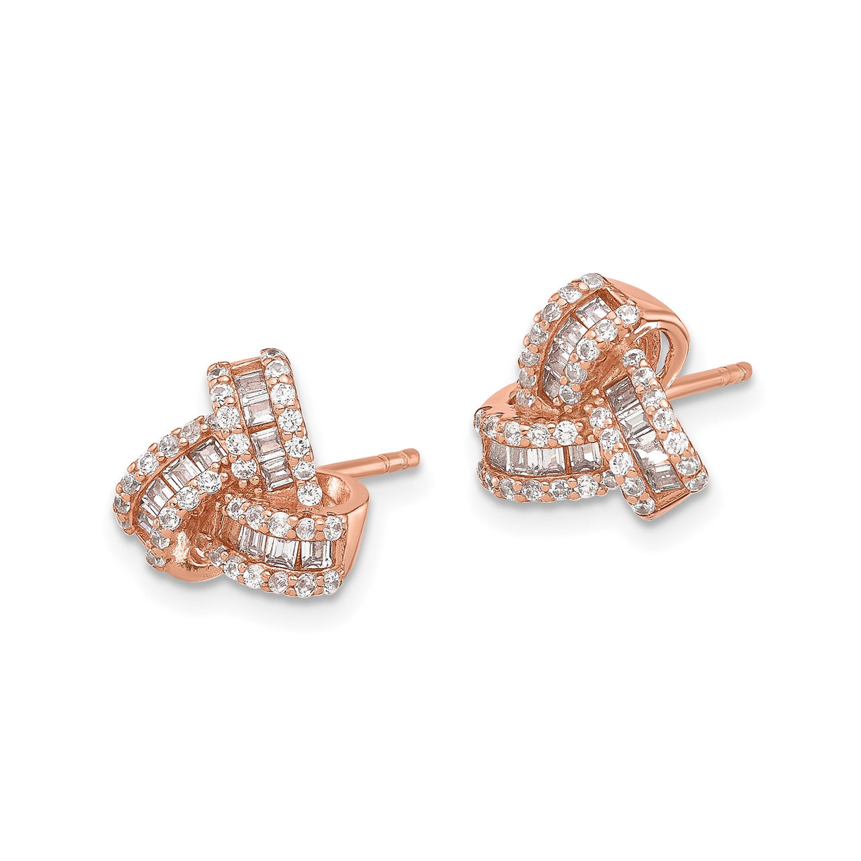 Sterling Silver Knot Stud Earrings with Cubic Zirconia, Woven Design, Rose Plated Finish