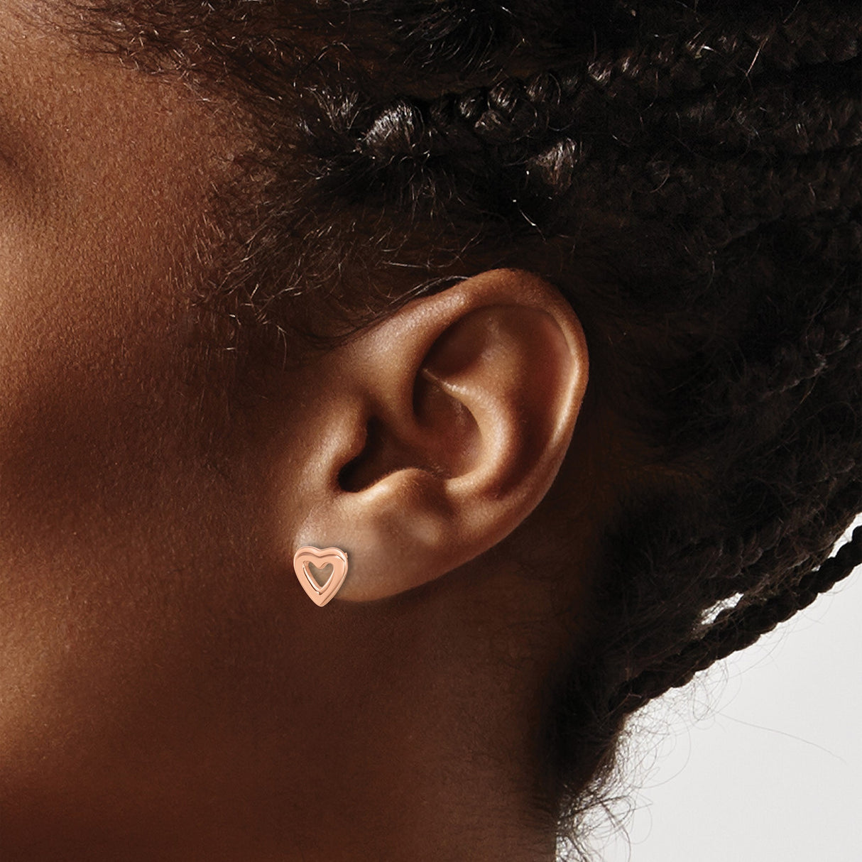 Sterling Silver Heart Stud Earrings with Open Heart Design, Rose Gold Accents, Minimalist Style