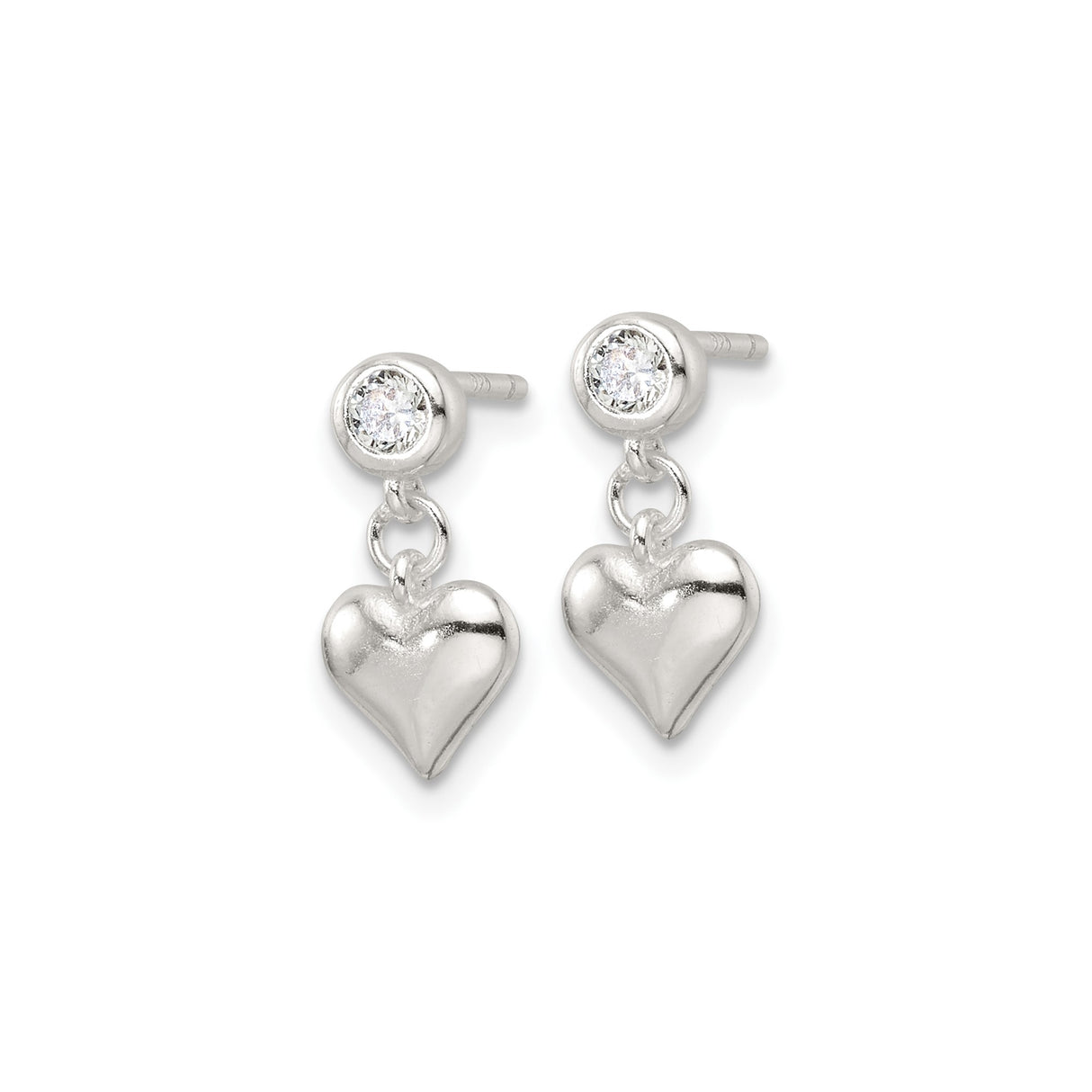 Sterling Silver Heart Dangle Earrings with Cubic Zirconia Accent, Romantic Drop Design