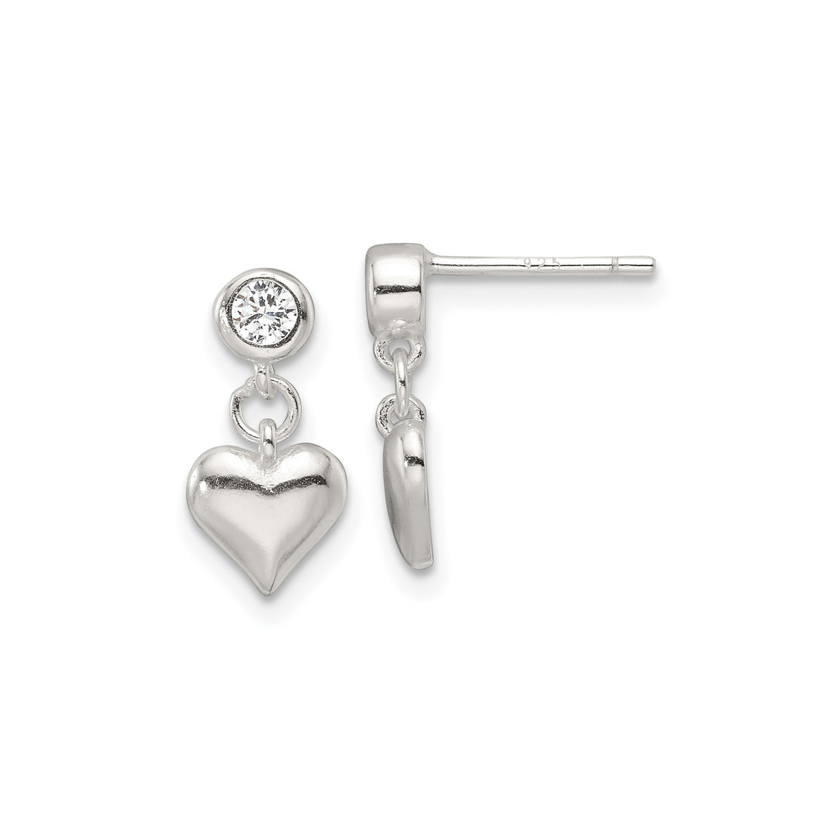 Sterling Silver Heart Dangle Earrings with Cubic Zirconia Accent, Romantic Drop Design