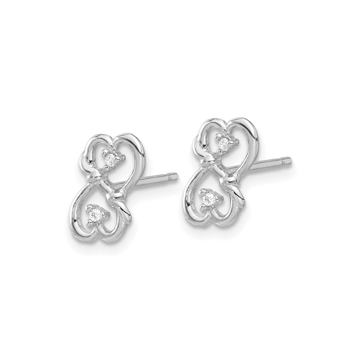 Sterling Silver Stud Earrings with Cubic Zirconia, Intertwined Double Heart Design