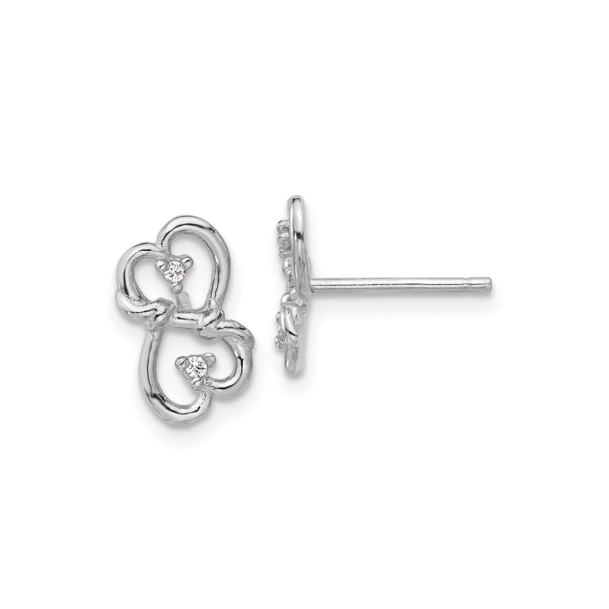 Sterling Silver Stud Earrings with Cubic Zirconia, Intertwined Double Heart Design
