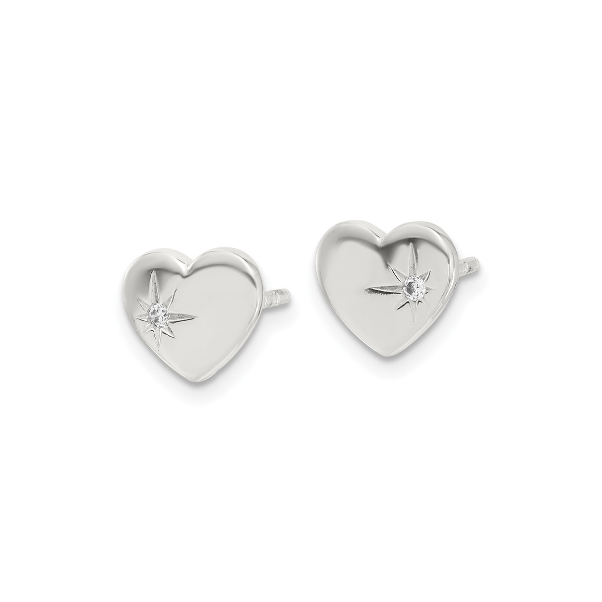 Sterling Silver Heart Stud Earrings with Cubic Zirconia and Starburst Detailing