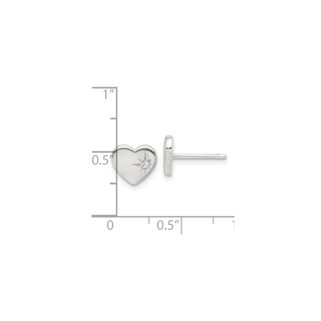 Sterling Silver Heart Stud Earrings with Cubic Zirconia and Starburst Detailing