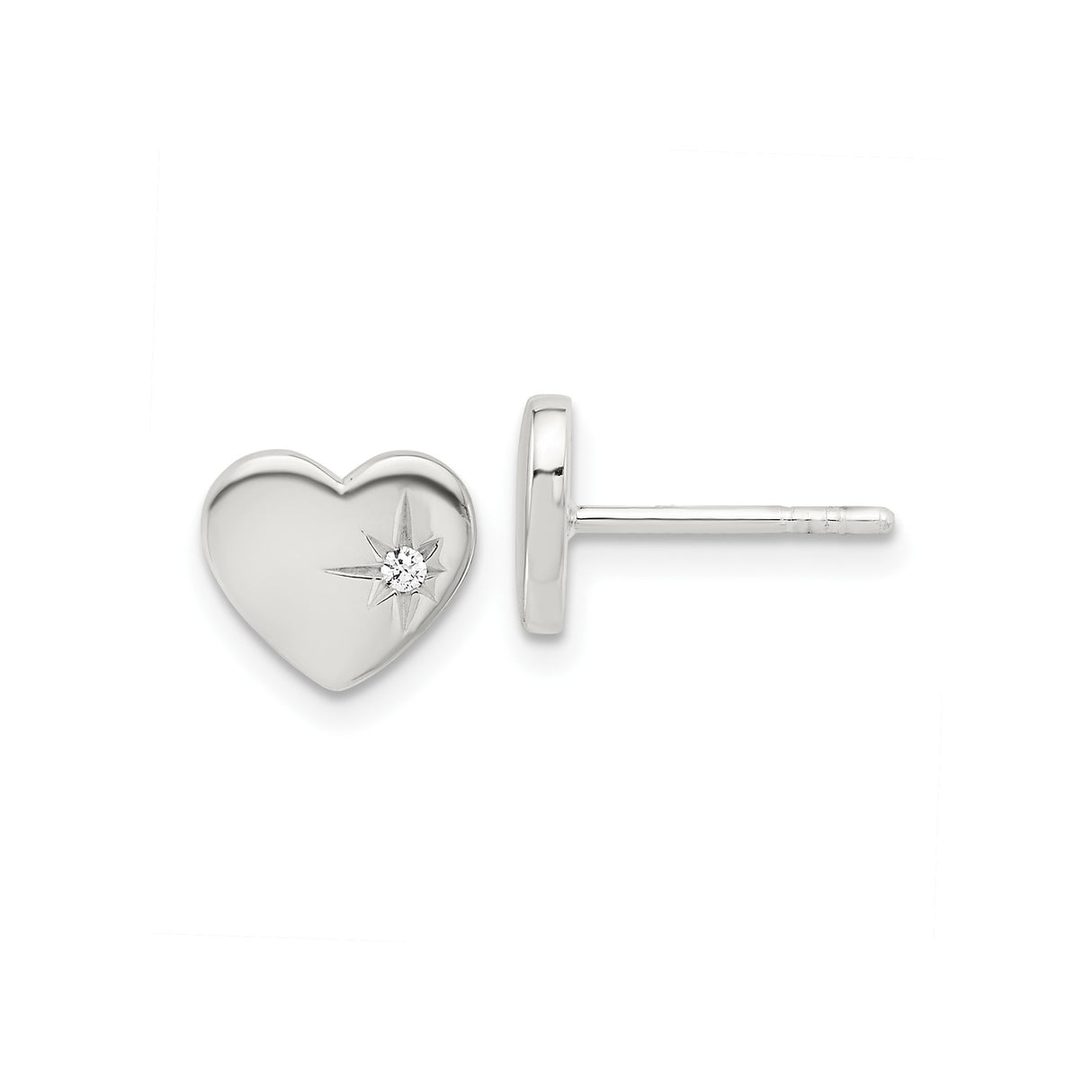 Sterling Silver Heart Stud Earrings with Cubic Zirconia and Starburst Detailing