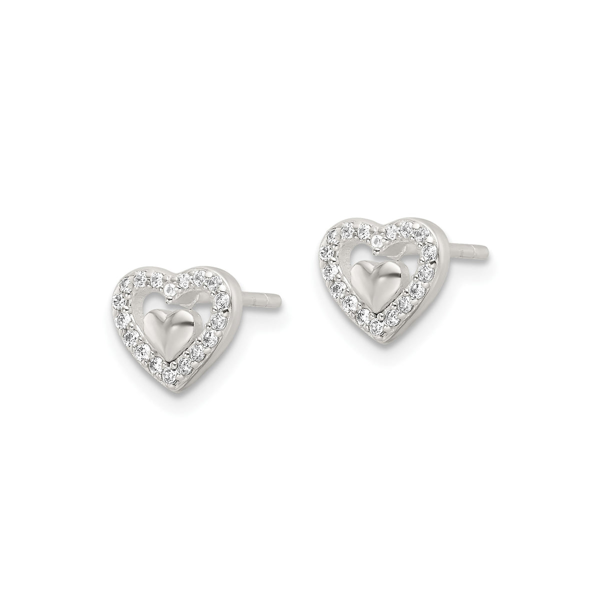 Sterling Silver Heart Stud Earrings with Polished Inner Heart and Cubic Zirconia