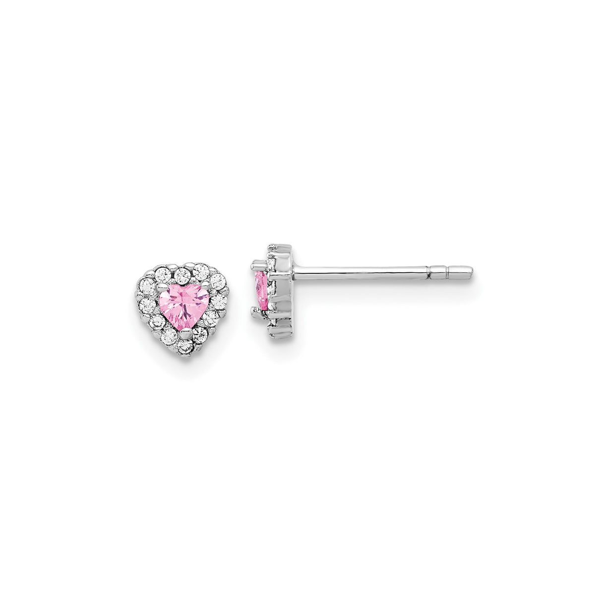 Sterling Silver Heart Shaped Stud Earrings with Pink Cubic Zirconia and Clear Accents