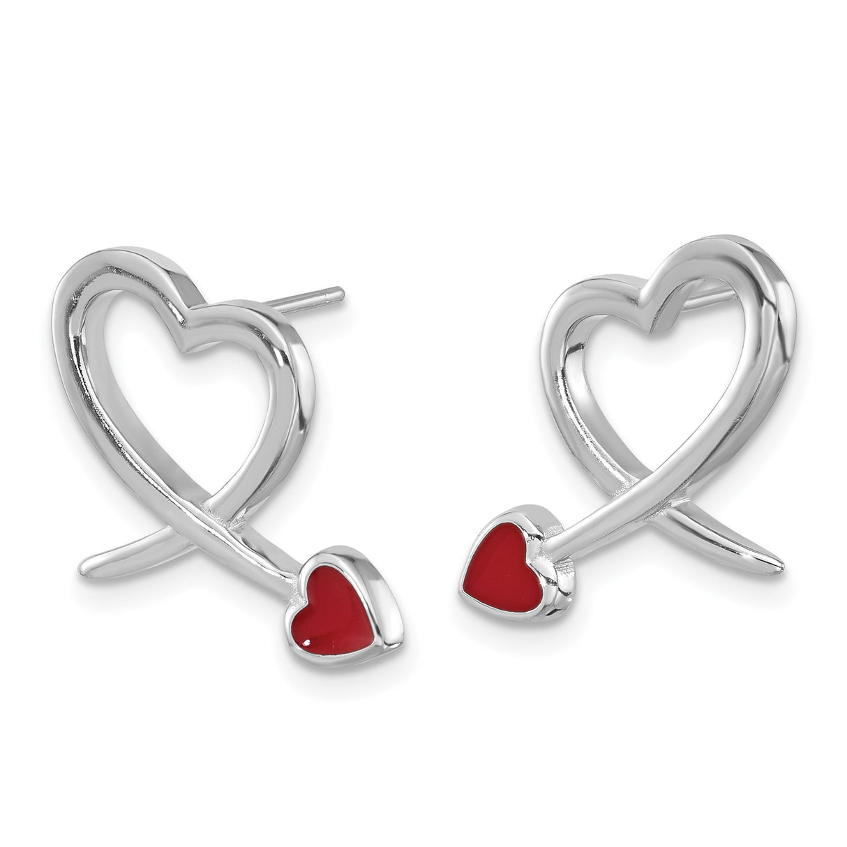 Sterling Silver Heart Shaped Stud Earrings with Open Ribbon and Red Enamel Accent