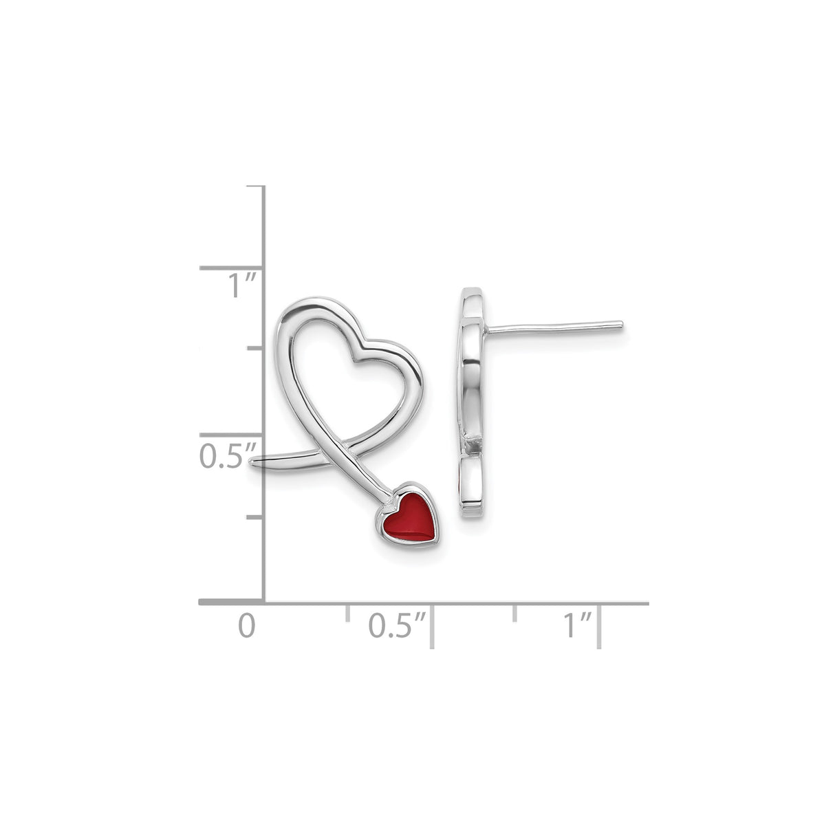 Sterling Silver Heart Shaped Stud Earrings with Open Ribbon and Red Enamel Accent