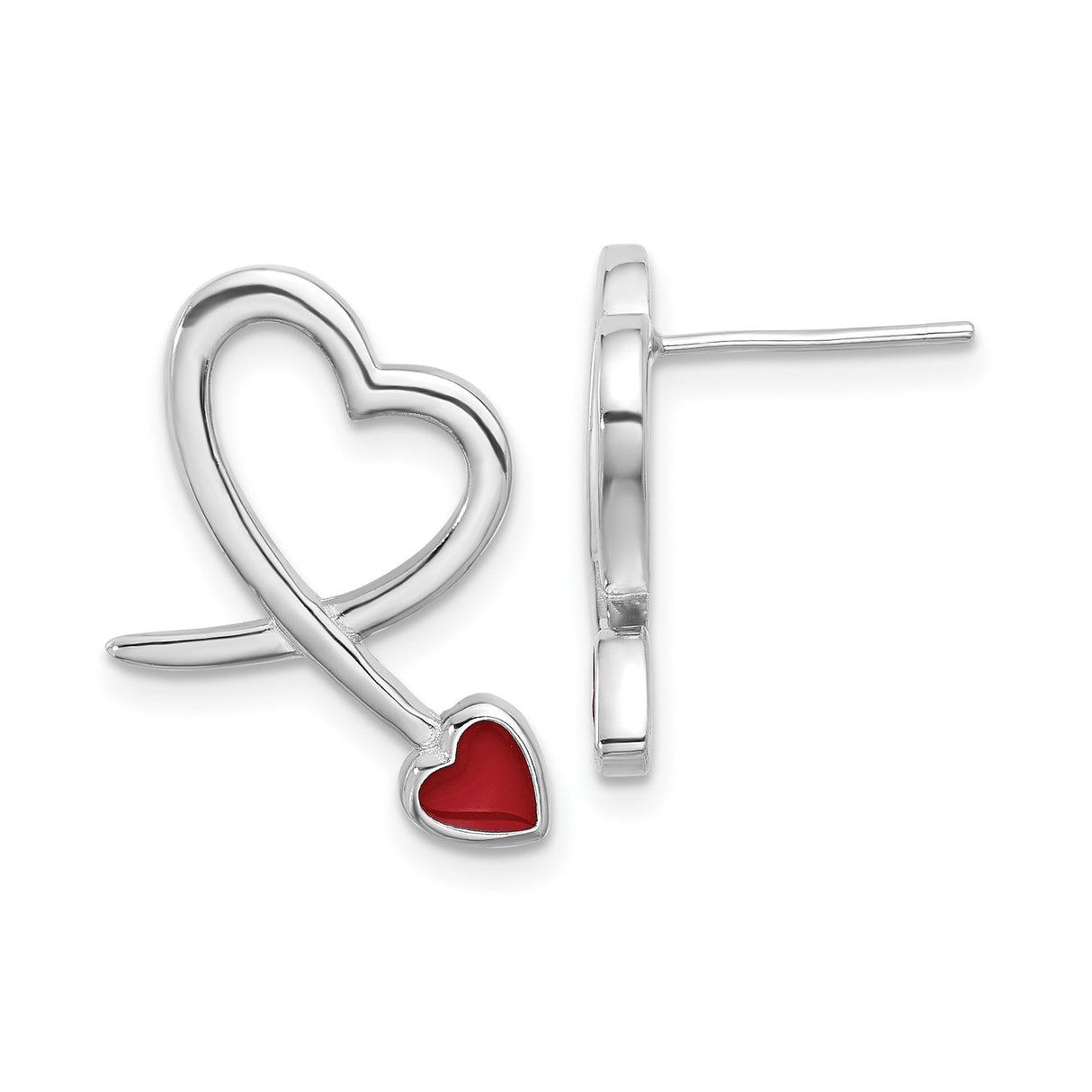 Sterling Silver Heart Shaped Stud Earrings with Open Ribbon and Red Enamel Accent