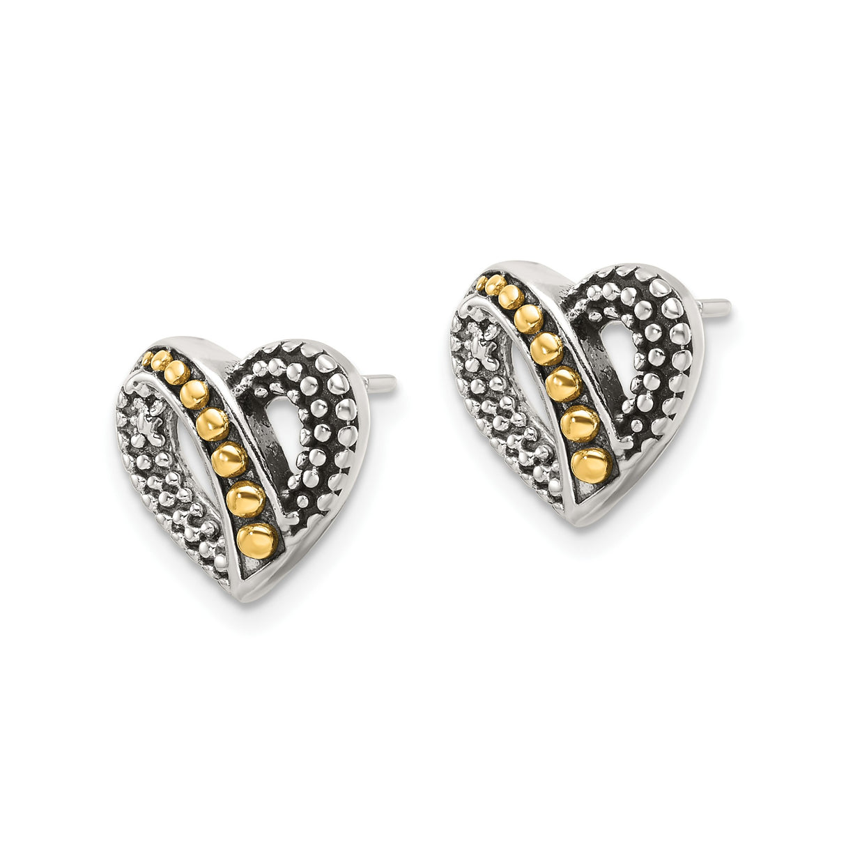 Sterling Silver Heart Shaped Stud Earrings with Textured Design and Gold Tone Bead Accents