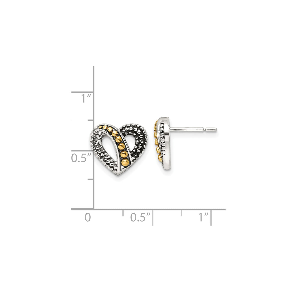 Sterling Silver Heart Shaped Stud Earrings with Textured Design and Gold Tone Bead Accents