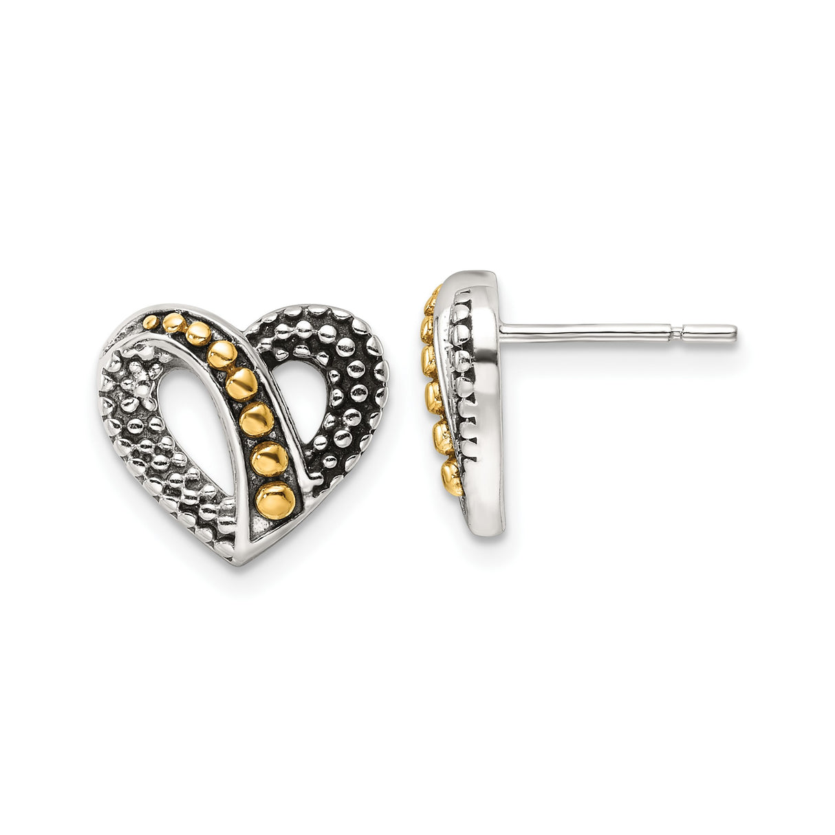 Sterling Silver Heart Shaped Stud Earrings with Textured Design and Gold Tone Bead Accents