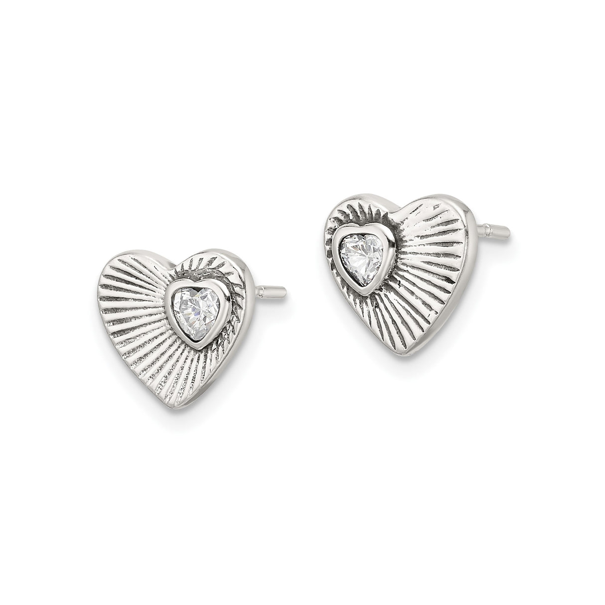 Sterling Silver Heart Stud Earrings with Cubic Zirconia and Textured Design