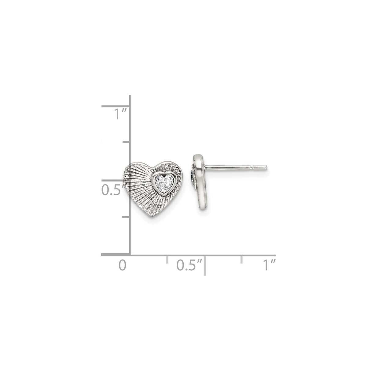 Sterling Silver Heart Stud Earrings with Cubic Zirconia and Textured Design