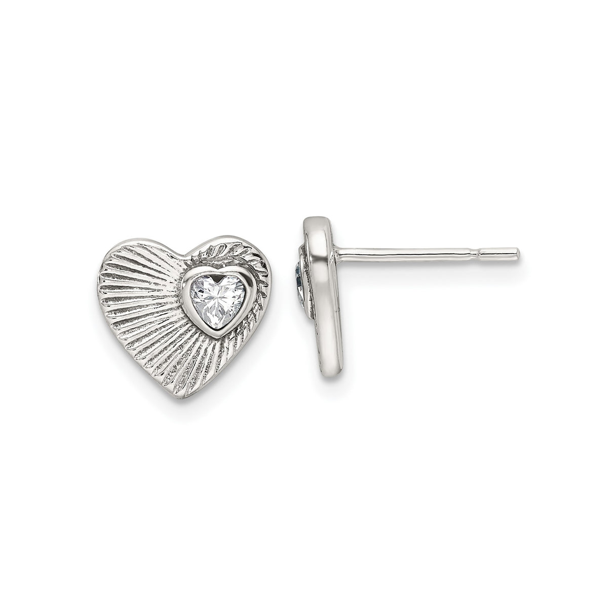 Sterling Silver Heart Stud Earrings with Cubic Zirconia and Textured Design