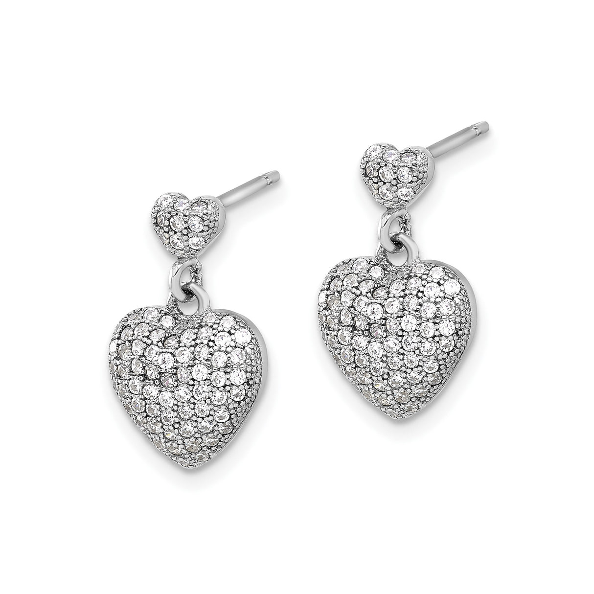 Sterling Silver Heart Drop Earrings with Cubic Zirconia, Double Heart Design