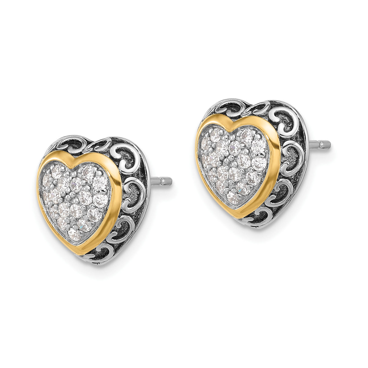 Sterling Silver Heart Stud Earrings with Cubic Zirconia, Two-Tone Scroll Design