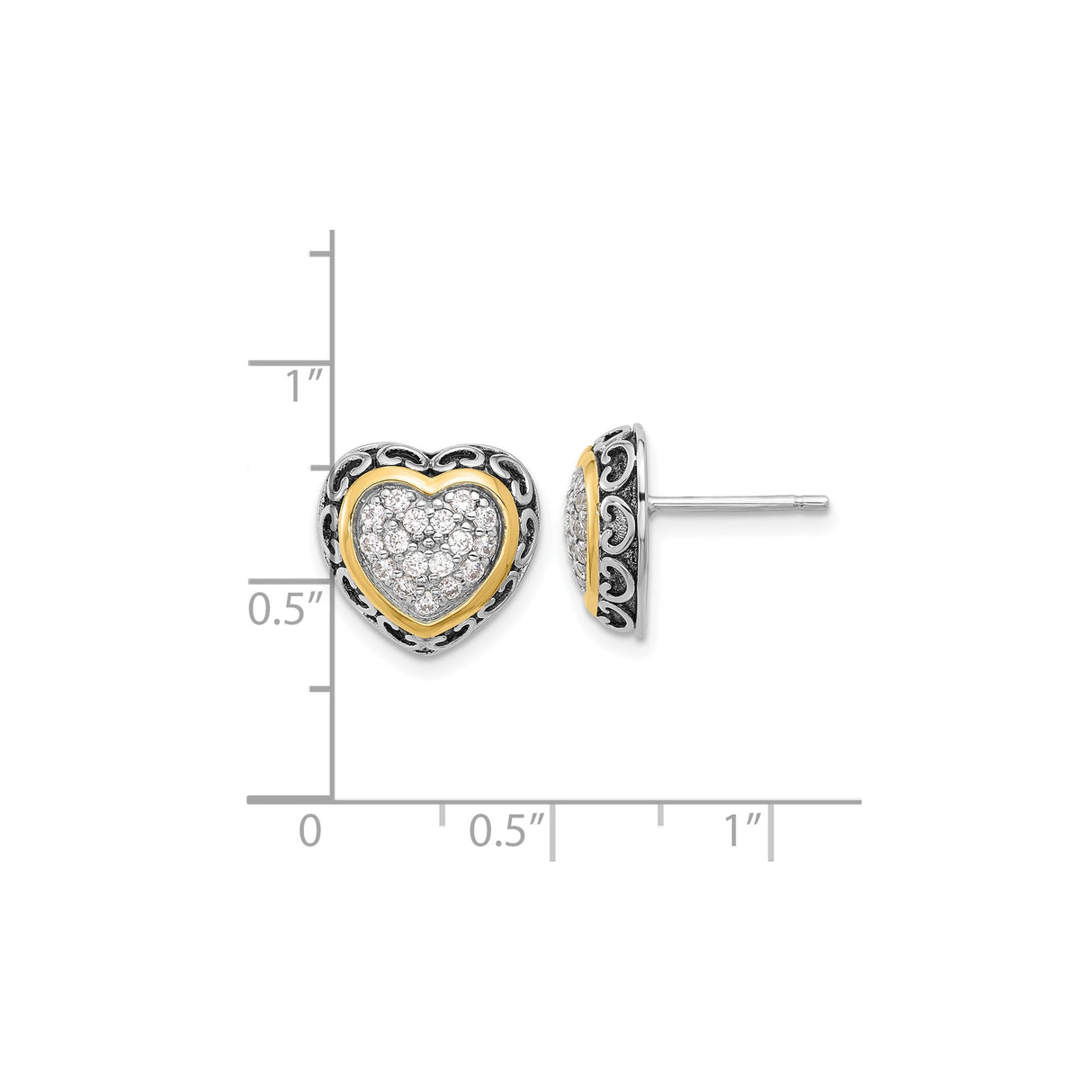Sterling Silver Heart Stud Earrings with Cubic Zirconia, Two-Tone Scroll Design