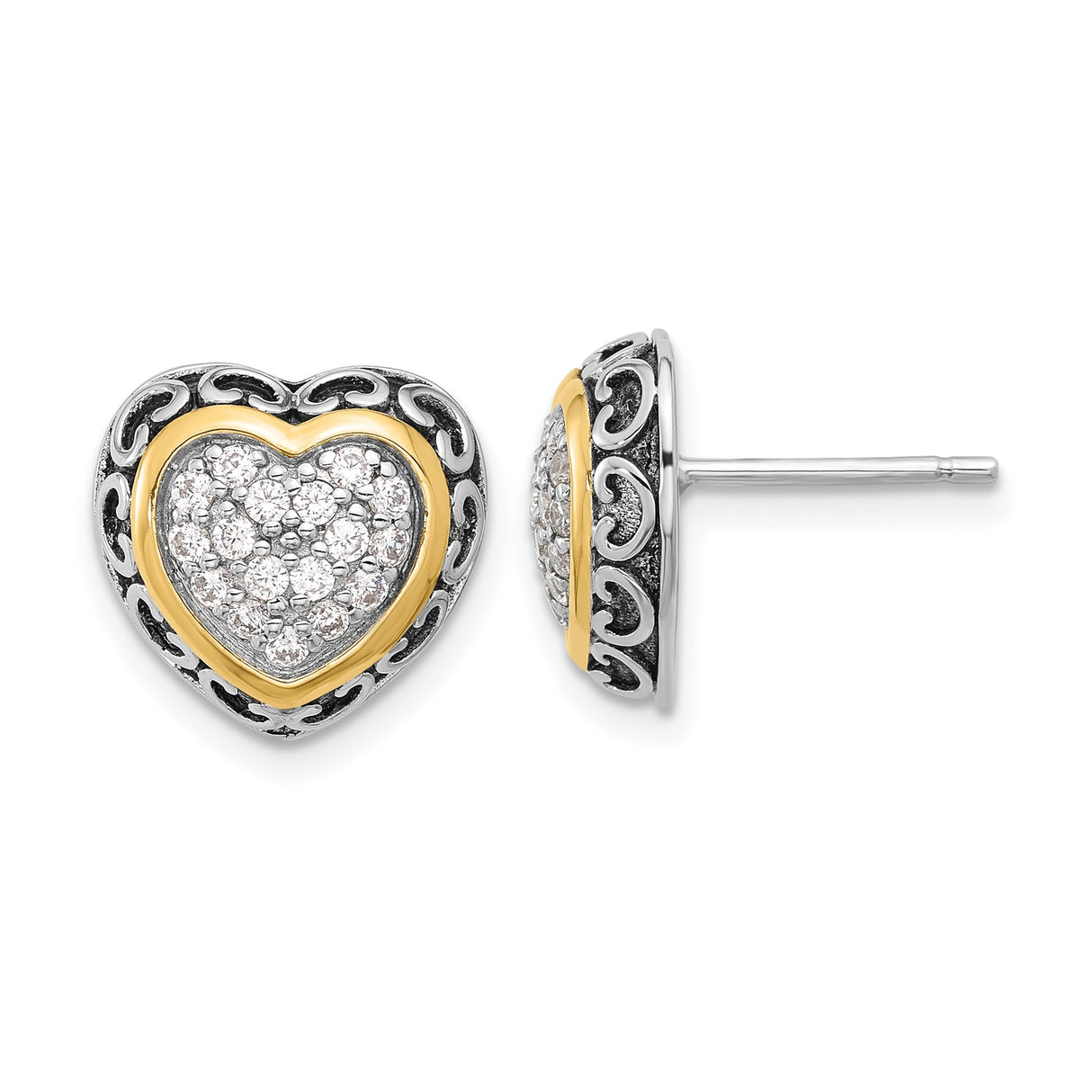 Sterling Silver Heart Stud Earrings with Cubic Zirconia, Two-Tone Scroll Design
