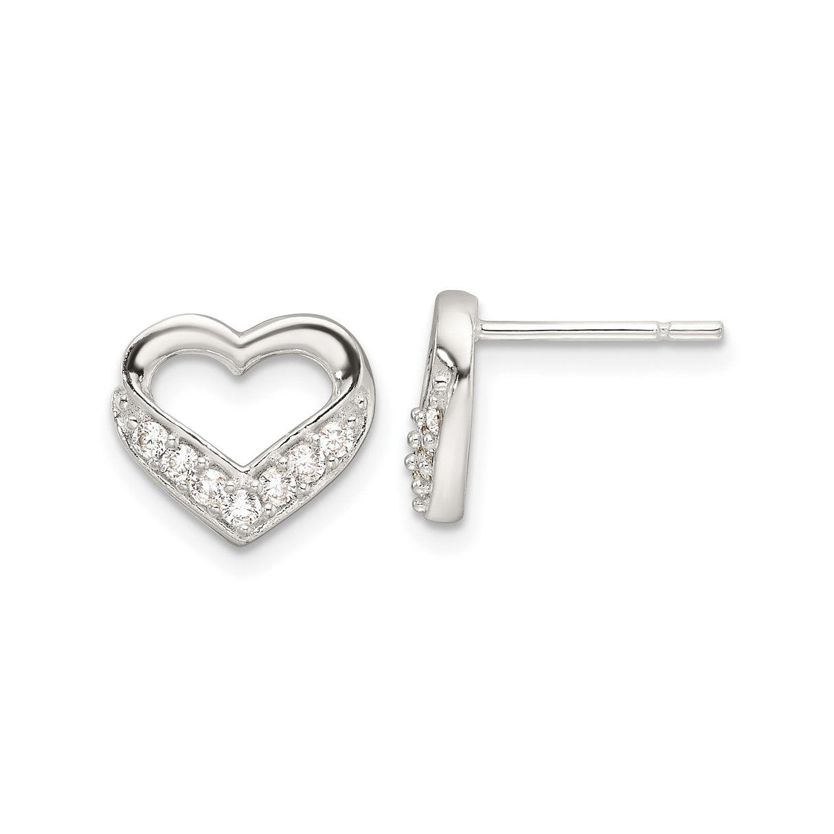 Sterling Silver Heart Stud Earrings with Cubic Zirconia, Open Design, Minimalist Romantic Style