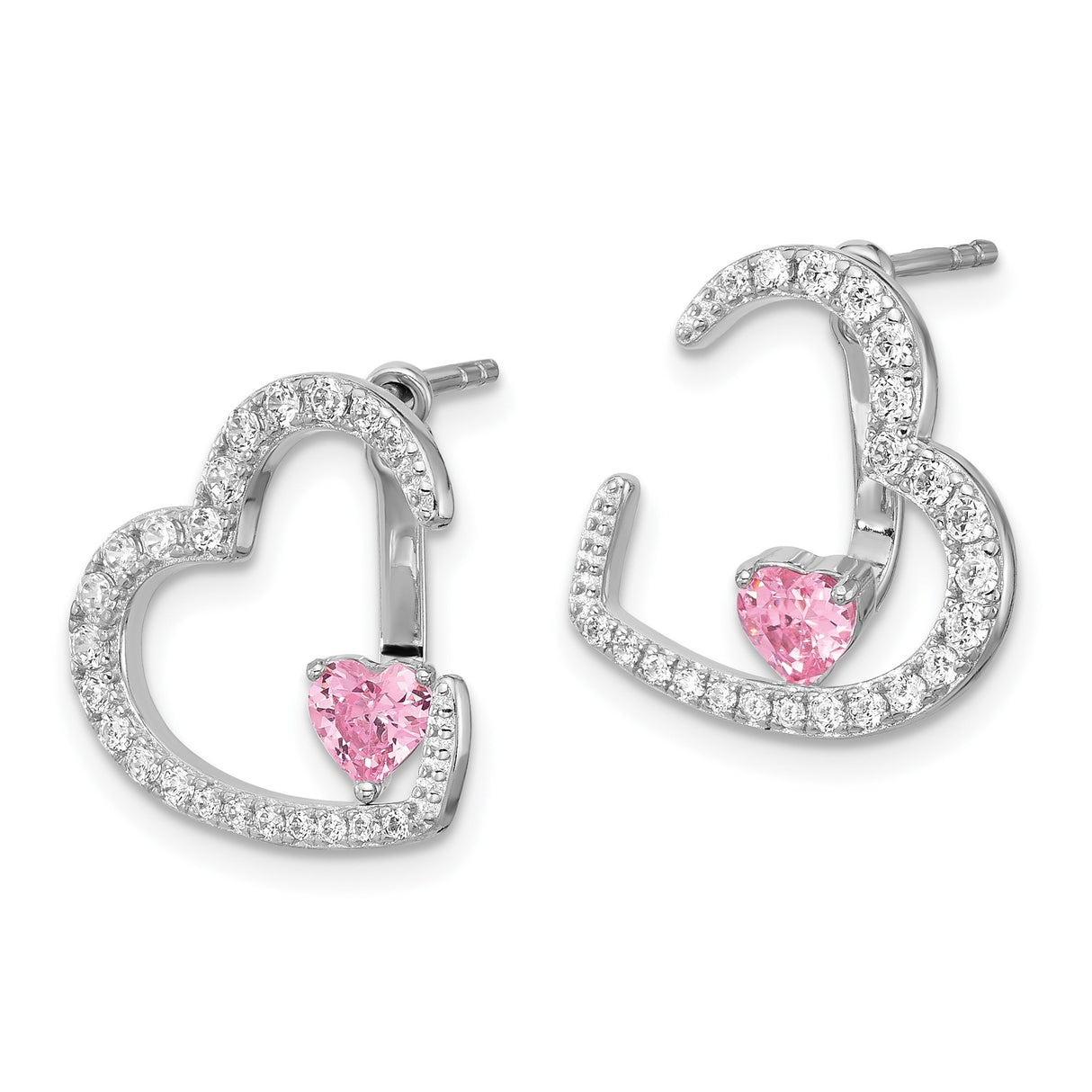 Sterling Silver Heart Stud Earrings with Pink Cubic Zirconia and Open Heart Design