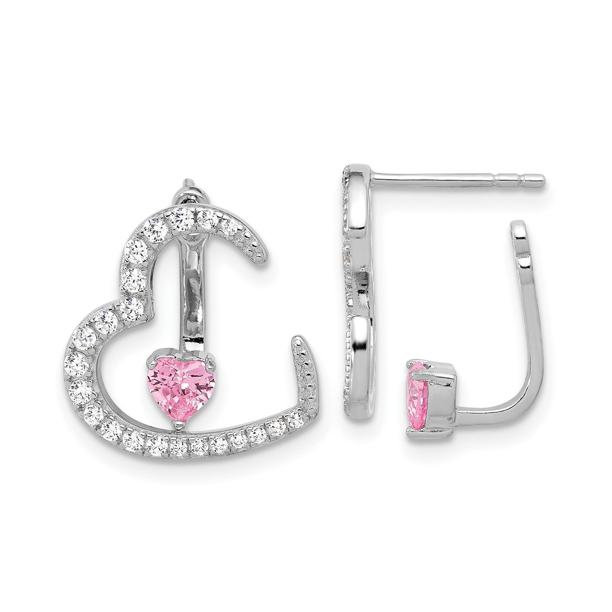 Sterling Silver Heart Stud Earrings with Pink Cubic Zirconia and Open Heart Design