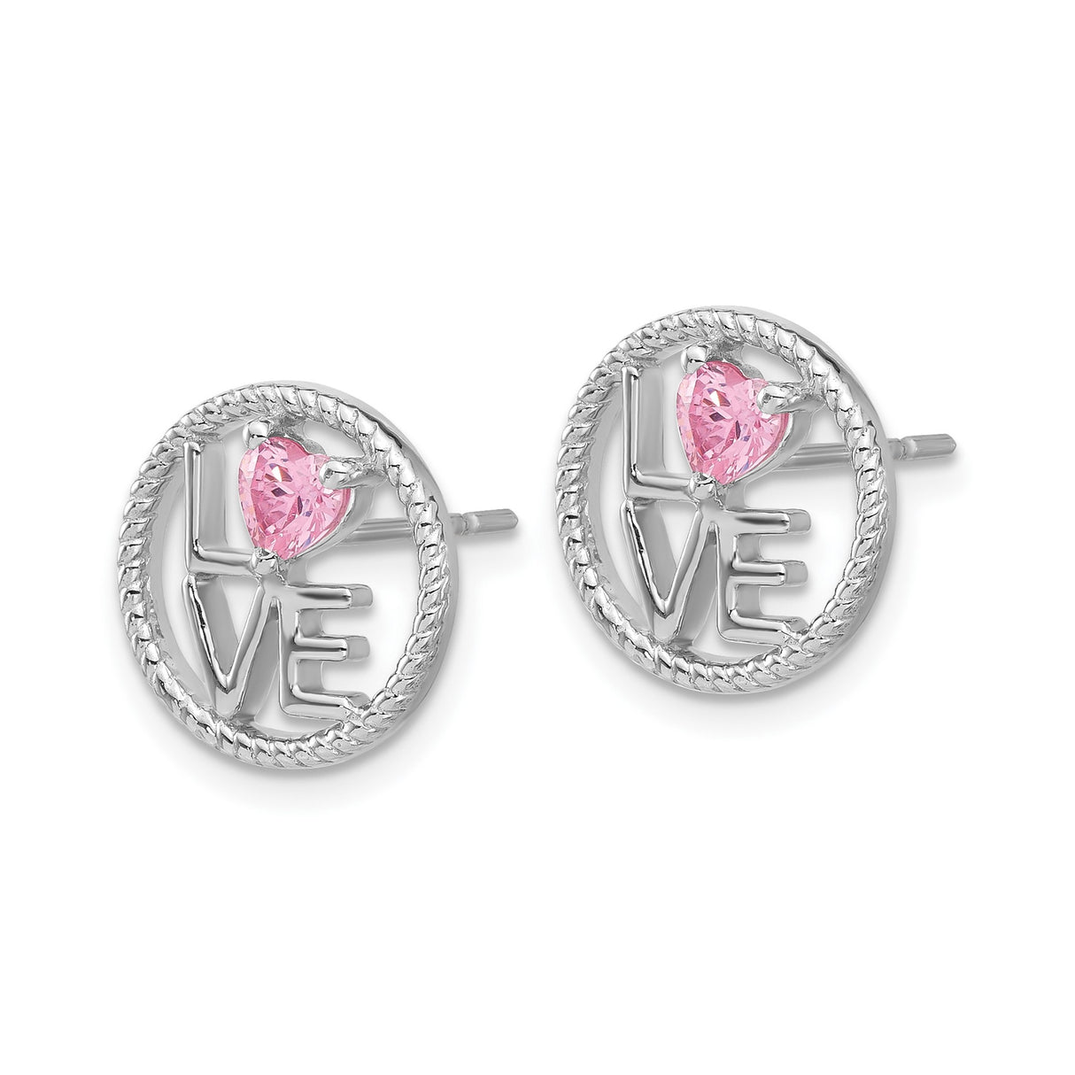 Sterling Silver LOVE Stud Earrings with Pink Heart Cubic Zirconia and Textured Circle Frame