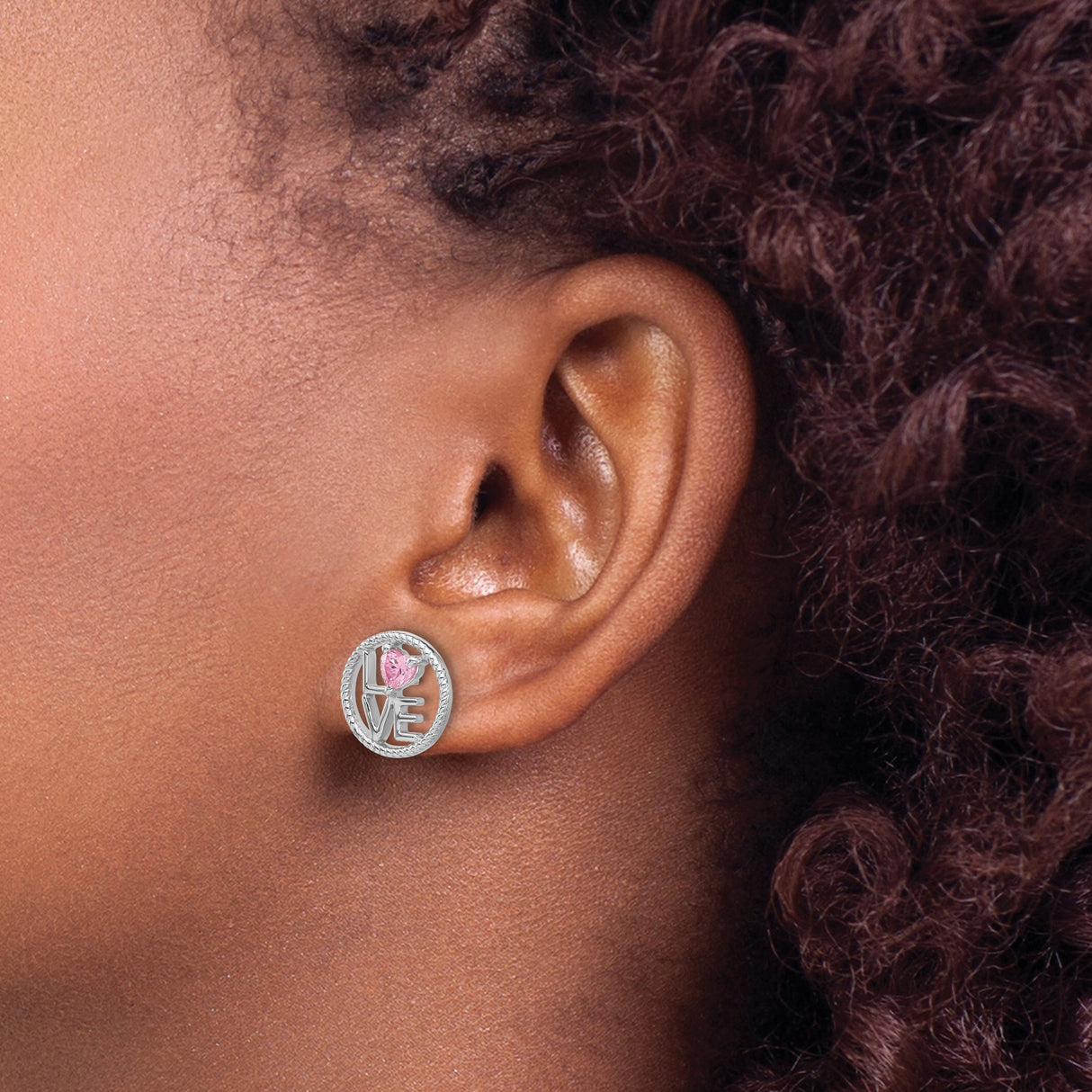 Sterling Silver LOVE Stud Earrings with Pink Heart Cubic Zirconia and Textured Circle Frame