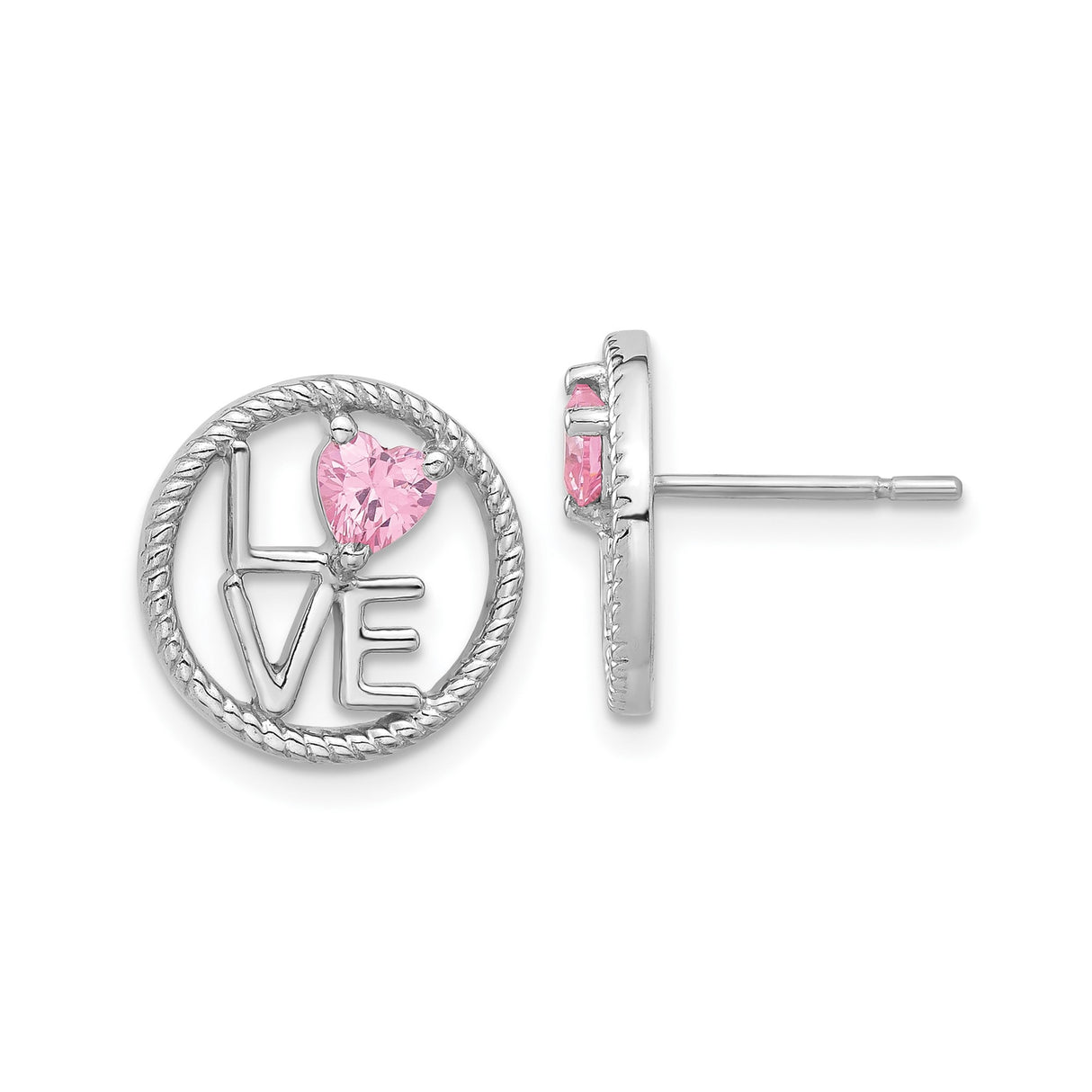 Sterling Silver LOVE Stud Earrings with Pink Heart Cubic Zirconia and Textured Circle Frame