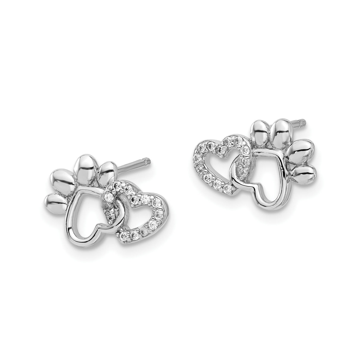 Sterling Silver Paw Stud Earrings with Cubic Zirconia and Intertwined Heart Design
