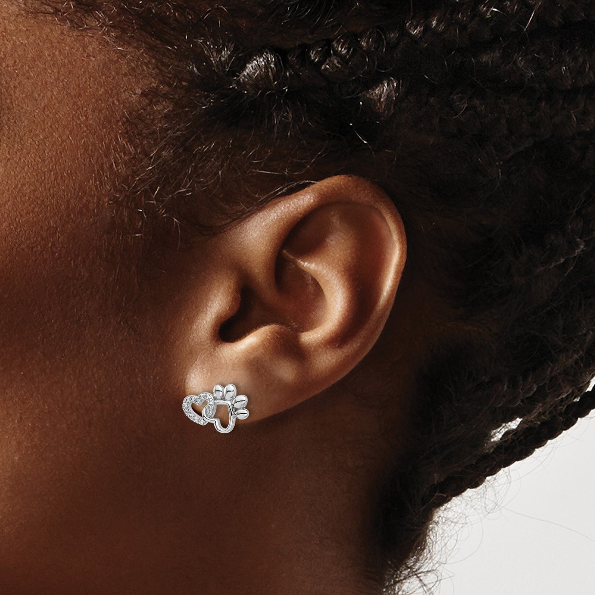 Sterling Silver Paw Stud Earrings with Cubic Zirconia and Intertwined Heart Design