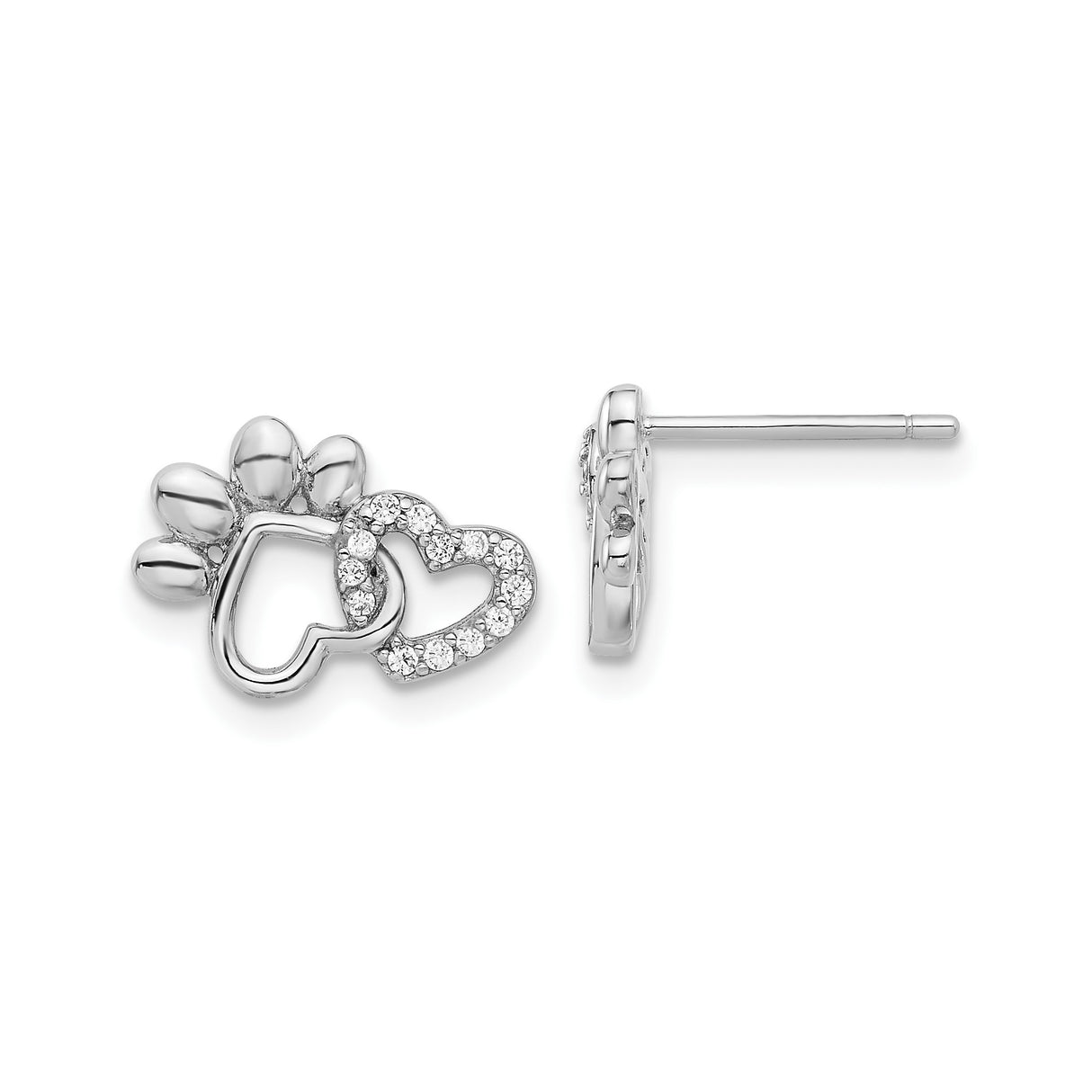Sterling Silver Paw Stud Earrings with Cubic Zirconia and Intertwined Heart Design