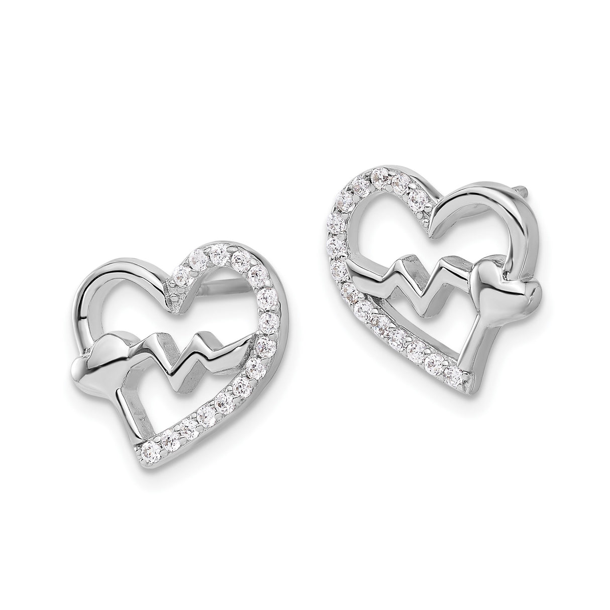 Sterling Silver Heartbeat Stud Earrings with Cubic Zirconia, ECG Line Heart Design