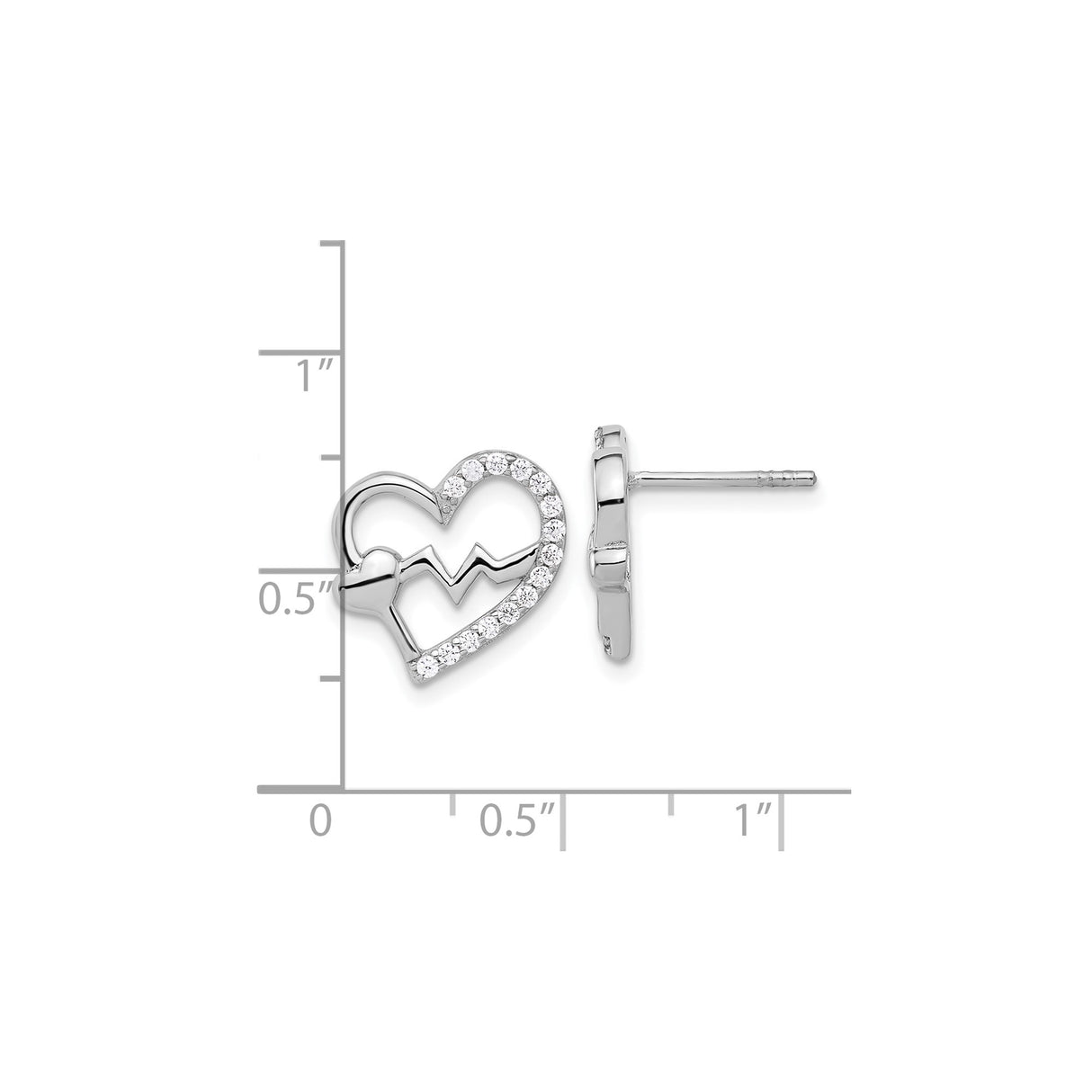 Sterling Silver Heartbeat Stud Earrings with Cubic Zirconia, ECG Line Heart Design