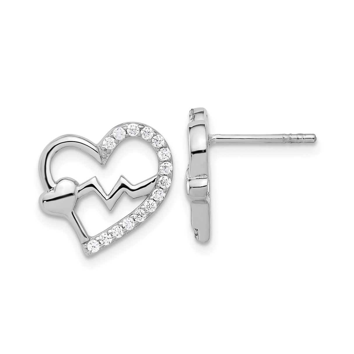 Sterling Silver Heartbeat Stud Earrings with Cubic Zirconia, ECG Line Heart Design