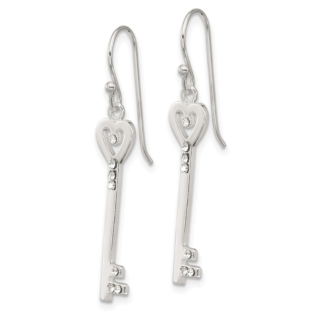 Sterling Silver Dangle Earrings with Cubic Zirconia, Heart Shaped Vintage Skeleton Key Design