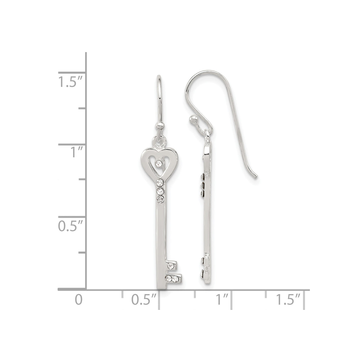 Sterling Silver Dangle Earrings with Cubic Zirconia, Heart Shaped Vintage Skeleton Key Design