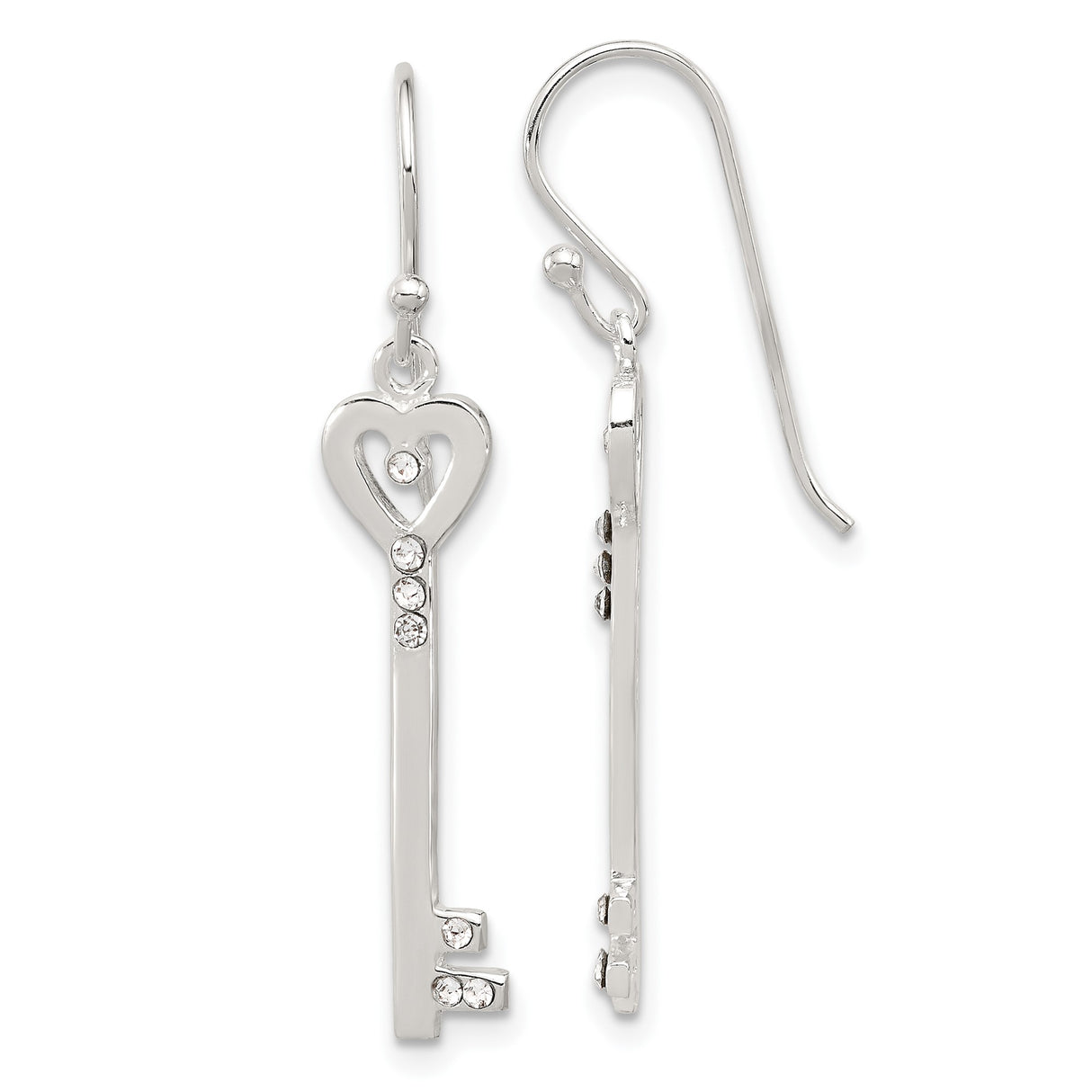 Sterling Silver Dangle Earrings with Cubic Zirconia, Heart Shaped Vintage Skeleton Key Design