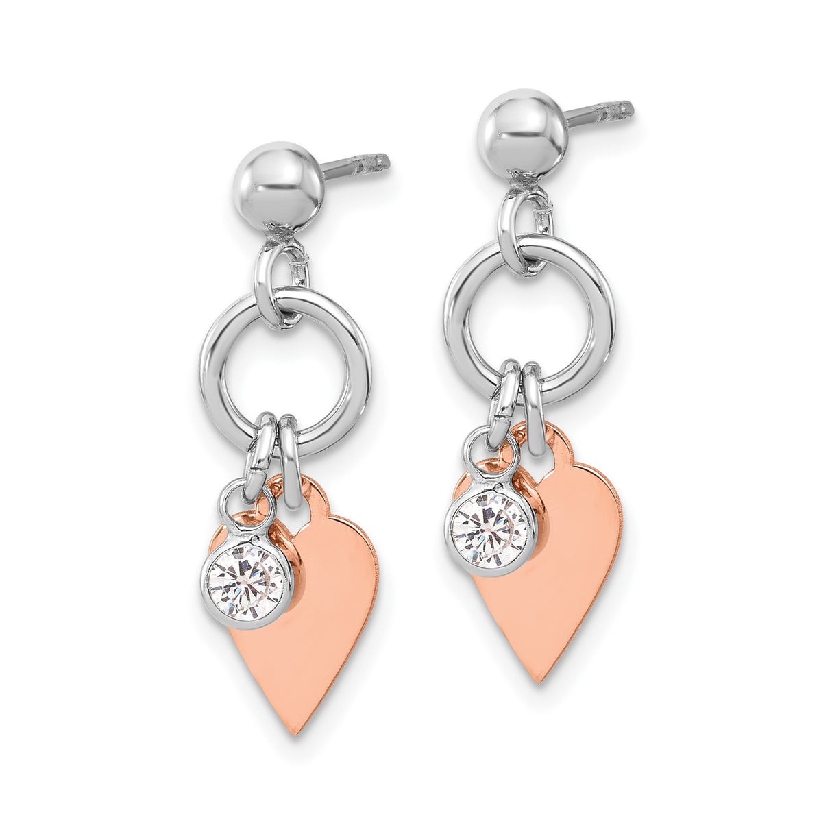 Sterling Silver Drop Earrings with Cubic Zirconia and Rose Gold Heart Charms, Two Tone Design